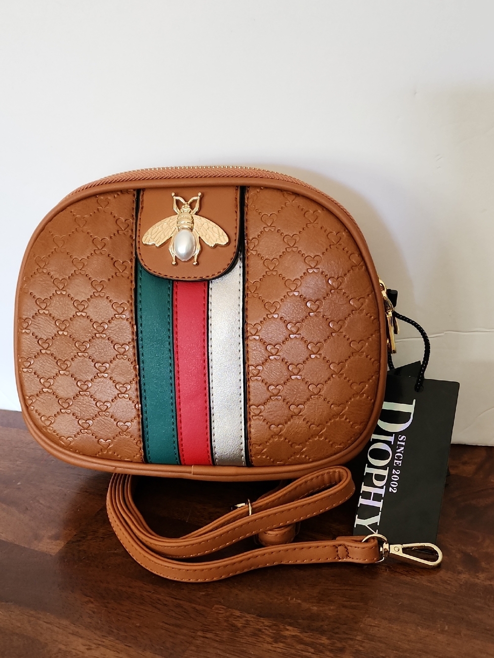 Diophy Tan Crossbody Bag with Green, Red & Silver Stripe